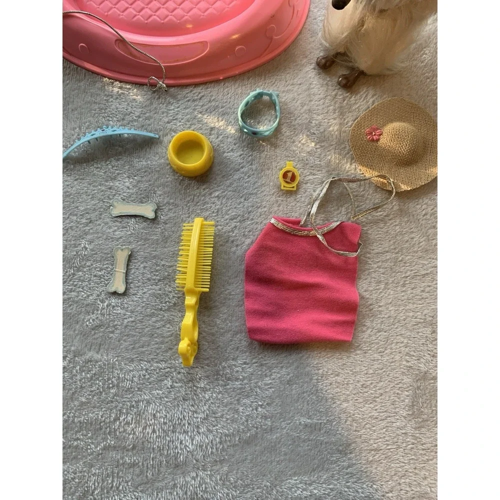 Vintage 1979 Barbie Doll Dog BEAUTY Afghan Hound Collar Pink Bed Bowl Hat Brush
